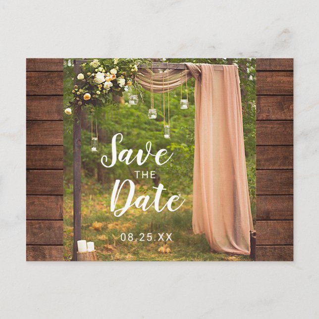 Postal De Anuncios Salven la fecha Rustic Wood Peach Mason Jar Boda (Anverso)