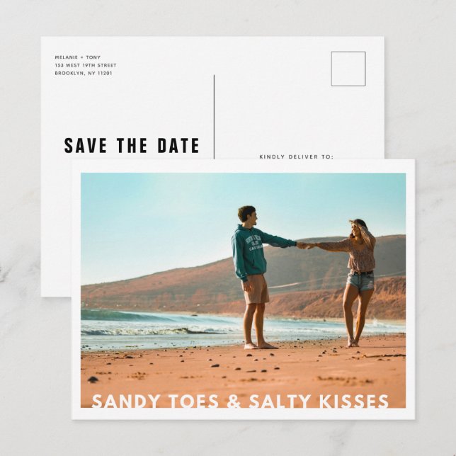 Postal De Anuncios Sandy Toes Salty Kisses Foto Playa Guardar la Fech (Anverso / Reverso)