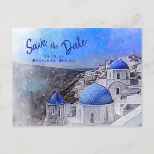 Postal De Anuncios Santorini Grecia acuarela Boda blanco azul