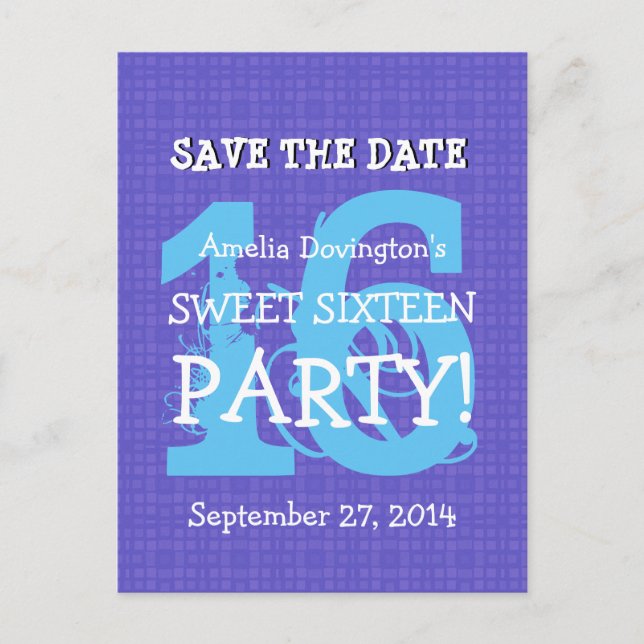 Postal De Anuncios Save Date Sweet 16 Purple Blue Birthday Party V06 (Anverso)
