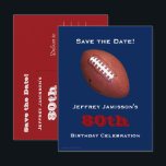 Postal De Anuncios Save the Date 80th Birthday Football Blue Red<br><div class="desc">A football on a dark blue background decorates this unique and fun 80th Birthday "Save the Date" postcard. The reverse has white lettering on a red background. You can easily change the text for name, age, event, date, etc. Sports fans will love it! All Rights Reserved © 2015 Alan &...</div>