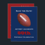 Postal De Anuncios Save the Date 80th Birthday Football Blue Red<br><div class="desc">A football on a dark blue background decorates this unique and fun 80th Birthday "Save the Date" postcard. The reverse has white lettering on a red background. You can easily change the text for name, age, event, date, etc. Sports fans will love it! All Rights Reserved © 2015 Alan &...</div>