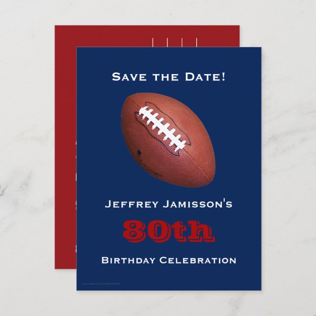 Postal De Anuncios Save the Date 80th Birthday Football Blue Red (Anverso / Reverso)