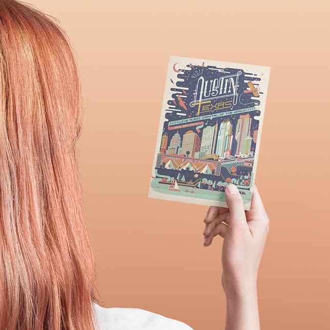 Postal De Anuncios Save the Date | Austin, Texas - AKA: Ciudad del Mu (Person holding postcard)