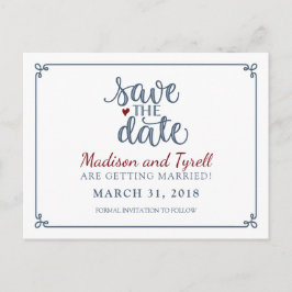 Postal De Anuncios "Save the Date" - Azul turbio y rojo oscuro