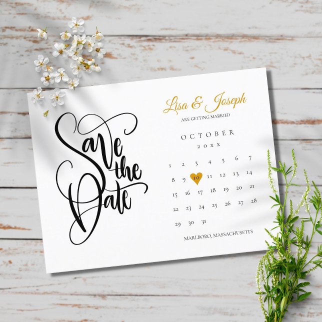 Postal De Anuncios Save the Date Calendar Gold Love Heart Invitation (Subido por el creador)