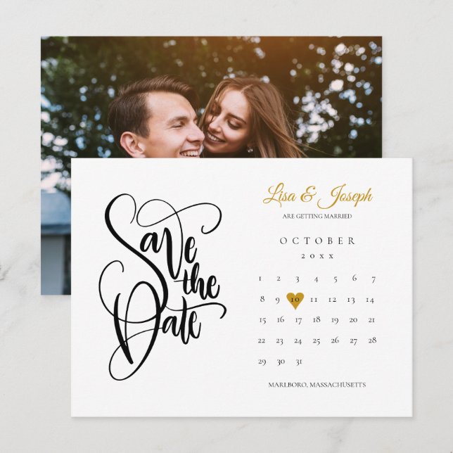 Postal De Anuncios Save the Date Calendar Gold Love Heart Photo Annou (Anverso / Reverso)
