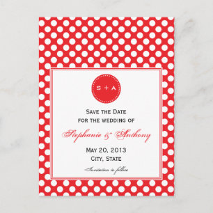 Postal De Anuncios Save the Date de lunares blancos y rojos con monog