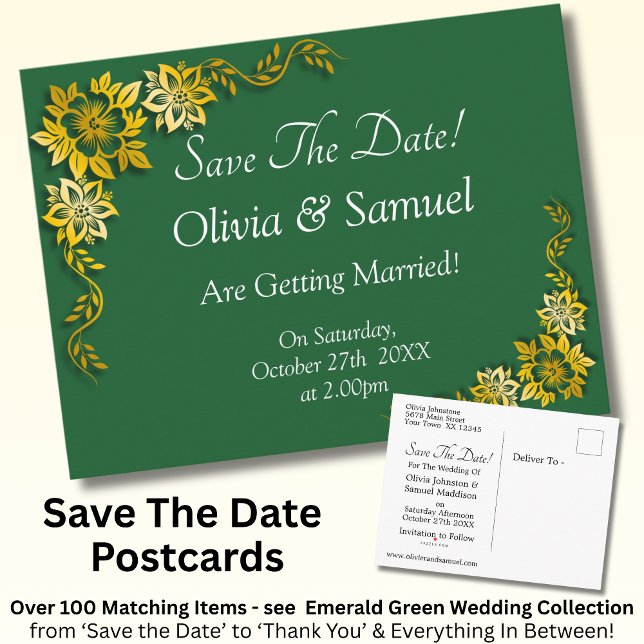 Postal De Anuncios Save The Date - Emerald Green & Gold (Subido por el creador)