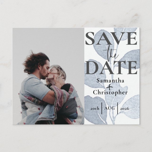 Postal De Anuncios Save the Date Eucalyptus Dusty Blue Photo Boda (Anverso)