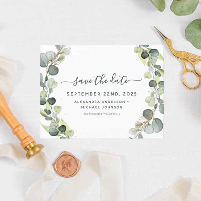 Postal De Anuncios Save the Date Eucalyptus Greenery Succulent (Subido por el creador)