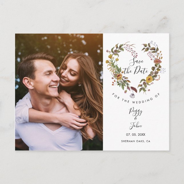 Postal De Anuncios Save the Date Floral Heart Garland Photo (Anverso)