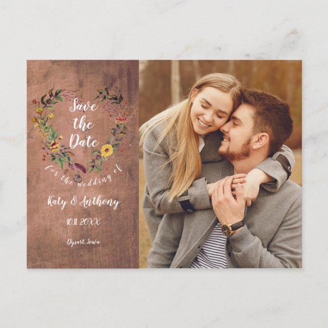 Postal De Anuncios Save the Date Floral Heart Rustic Photo Boda (Anverso)