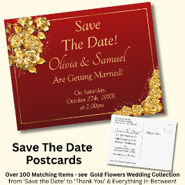 Postal De Anuncios Save The Date - Gold Roses on Maroon Red 