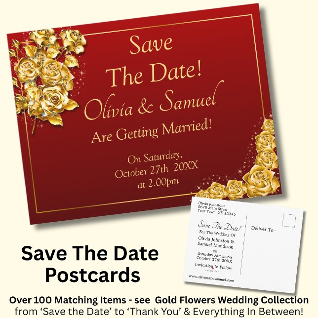 Postal De Anuncios Save The Date - Gold Roses on Maroon Red  (Subido por el creador)