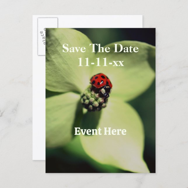 Postal De Anuncios Save The Date Ladybug On Flower  (Anverso / Reverso)