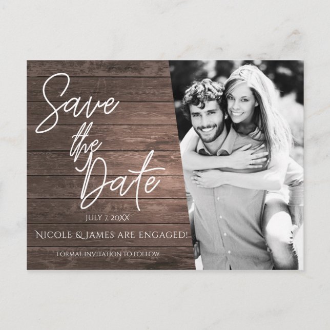 Postal De Anuncios Save the Date Modern Script Rustic Wood Photo (Anverso)