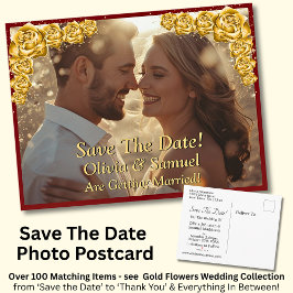 Postal De Anuncios Save The Date, Photo - Gold Roses Maroon Red