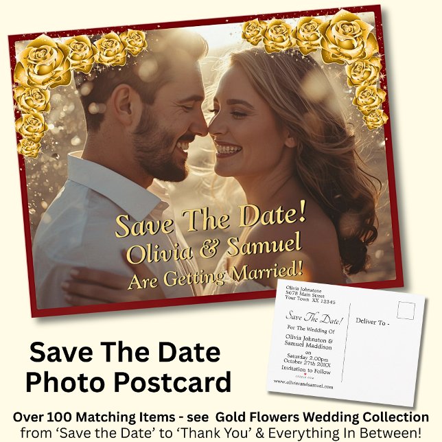 Postal De Anuncios Save The Date, Photo - Gold Roses Maroon Red (Subido por el creador)