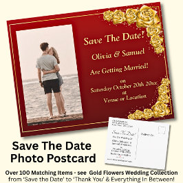 Postal De Anuncios Save The Date, Photo - Gold Roses Maroon Red 