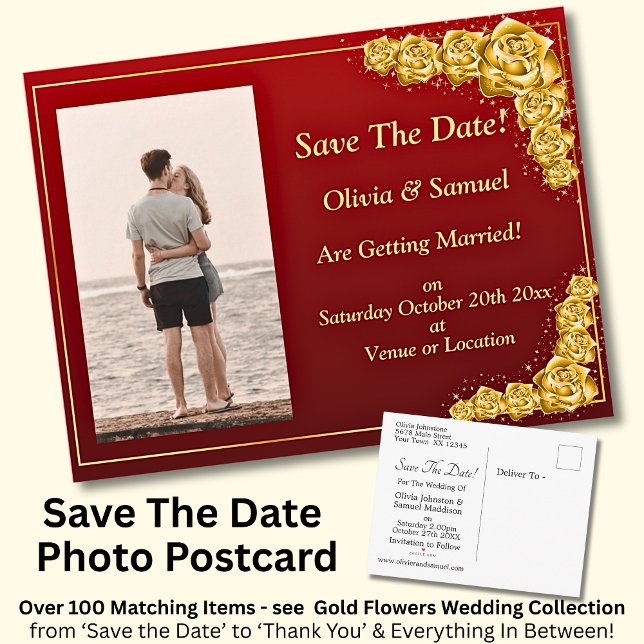 Postal De Anuncios Save The Date, Photo - Gold Roses Maroon Red  (Subido por el creador)