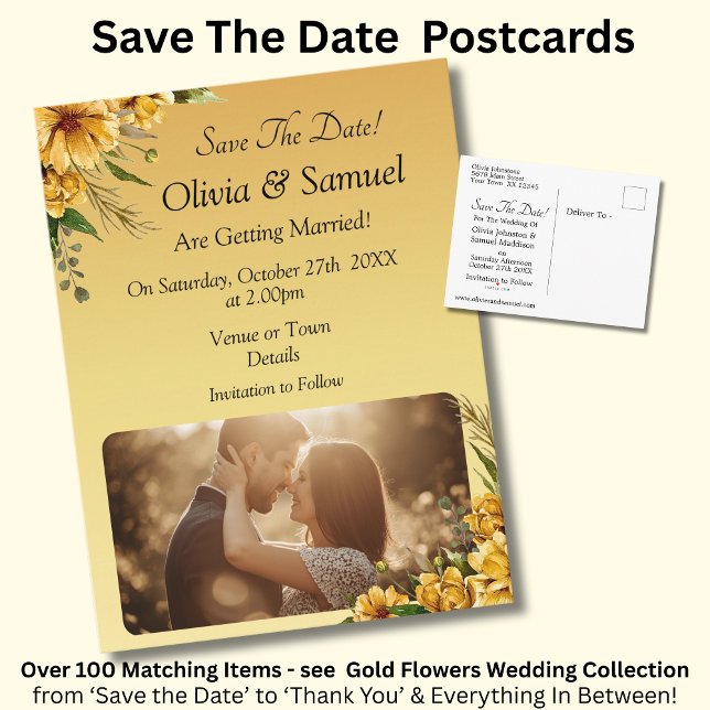 Postal De Anuncios Save The Date - Photo with Golden Yellow Flowers (Subido por el creador)