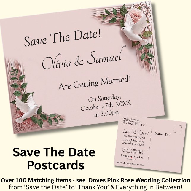 Postal De Anuncios Save The Date - Pink Roses & Doves Wedding (Subido por el creador)