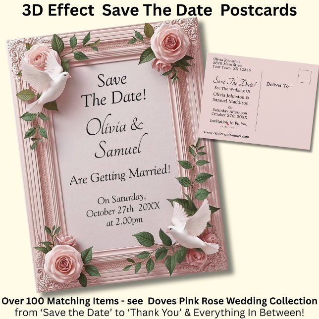 Postal De Anuncios Save The Date - Pink Roses & Doves Wedding (Subido por el creador)