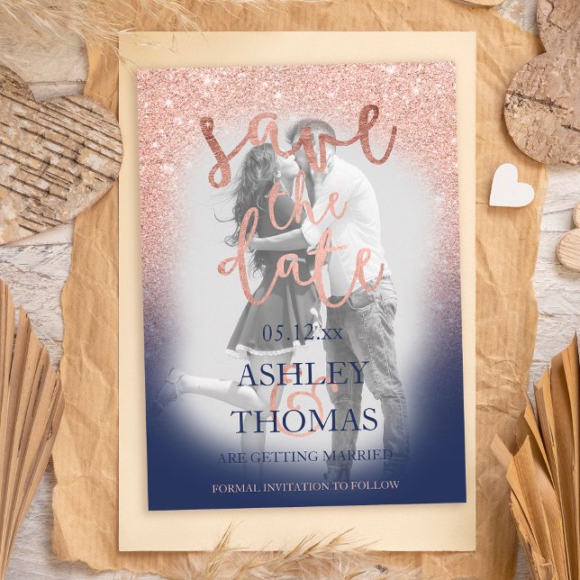 Postal De Anuncios Save the Date rose gold glitter navy script photo (Subido por el creador)