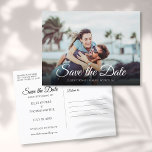 Postal De Anuncios Save the Date Script Photo Modern Simple<br><div class="desc">This modern script photo save the date card features your special photo overlayed with a script save the date above your names, date and venue in white text. The reverse has additional save the date details, including your wedding website, with your return address and space for your recipient's address. Designed...</div>