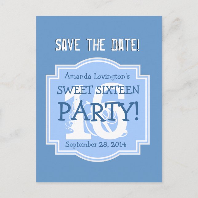 Postal De Anuncios Save the Date Sweet 16 Birthday Party V005 BLUE (Anverso)