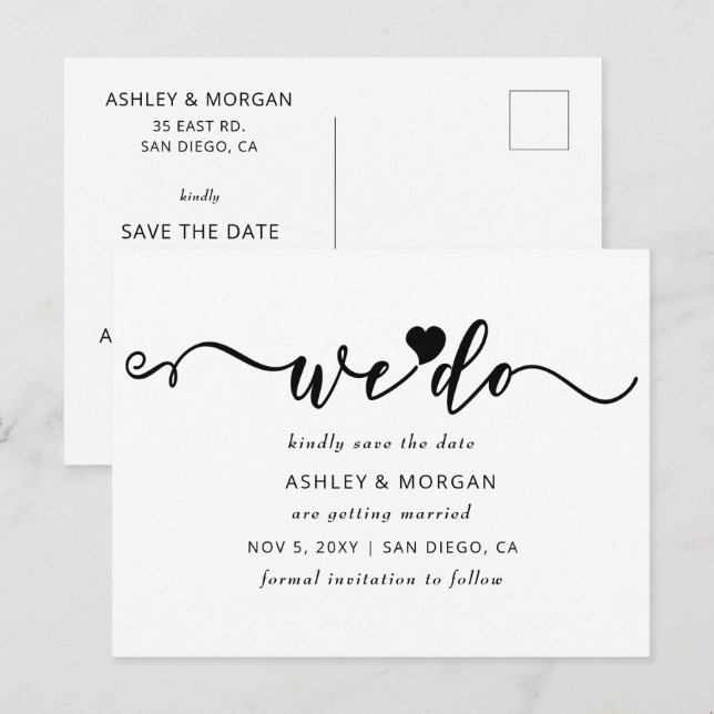 Postal De Anuncios Script Black and White Heart We Do Save the Date (Anverso / Reverso)