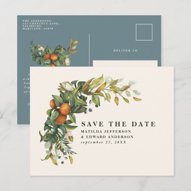 Postal De Anuncios Script boda elegante cítrico botánico moderno (Anverso / Reverso)