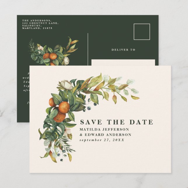 Postal De Anuncios Script boda elegante cítrico botánico moderno (Anverso / Reverso)