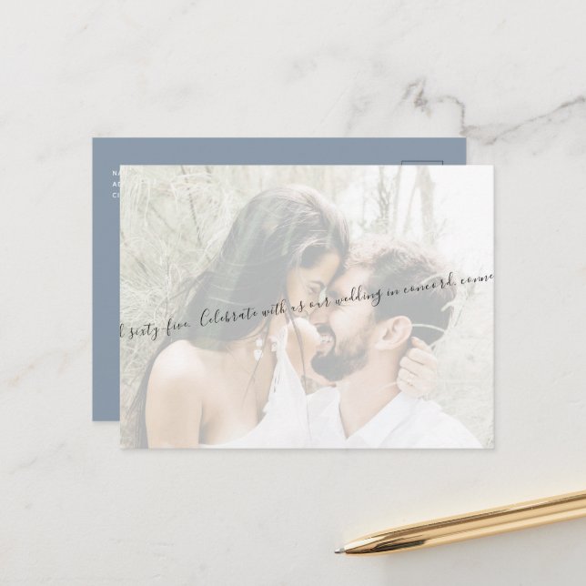 Postal De Anuncios Script Couple Photo Dusty Blue Save the Date (Anverso/Reverso In Situ)