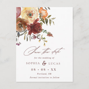 Postal De Anuncios Script Rust Burgundy Floral Wedding Save the Date