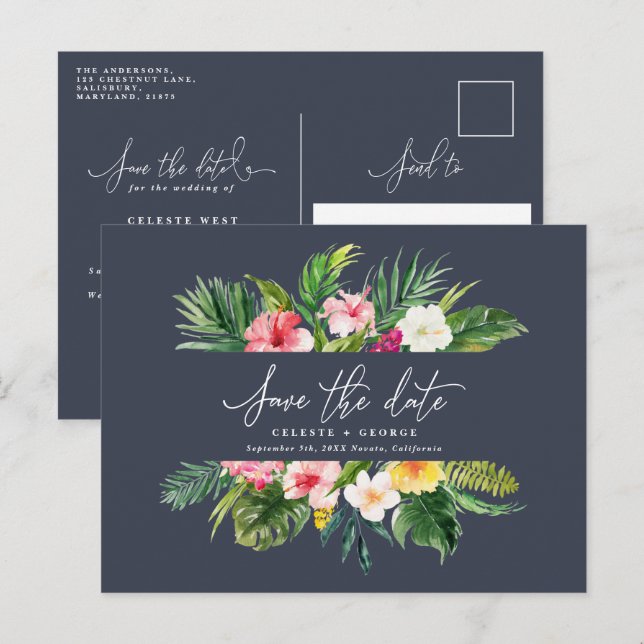 Postal De Anuncios Secuencia de comandos de follaje de acuarela tropi (Anverso / Reverso)