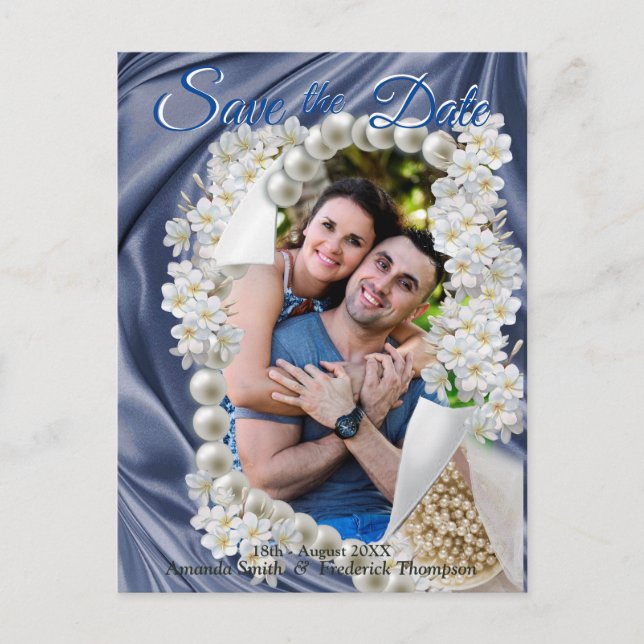 Postal De Anuncios Seda Azul y Perlas de Marfil Save the Date (Anverso)