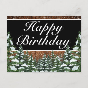 Postal De Anuncios Selva de madera nevada negra Feliz cumpleaños