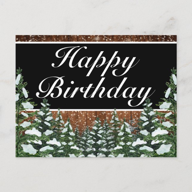 Postal De Anuncios Selva de madera nevada negra Feliz cumpleaños (Anverso)
