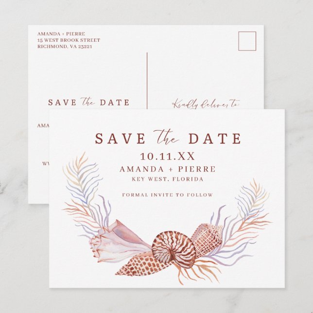 Postal De Anuncios Sencilla Playa de Conchas Boda Save the Date (Anverso / Reverso)