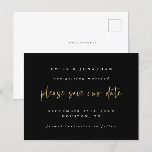 Postal De Anuncios Sencillo guión negro y dorado de boda Save The Dat