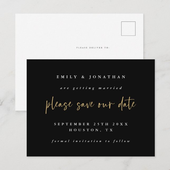 Postal De Anuncios Sencillo guión negro y dorado de boda Save The Dat (Anverso / Reverso)