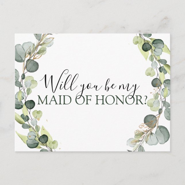 Postal De Anuncios ¿Serás mi Dama de Honor Eucalipto Verdor (Anverso)