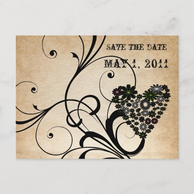Postal De Anuncios Shabby Chic Black Heart salvar la fecha (Anverso)