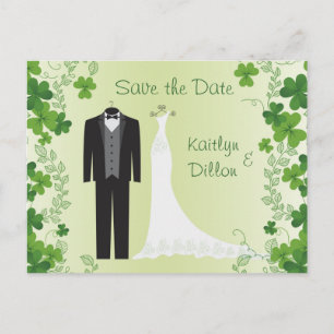 Postal De Anuncios Shamrock irlandés, esmoquin, vestido boda Save the