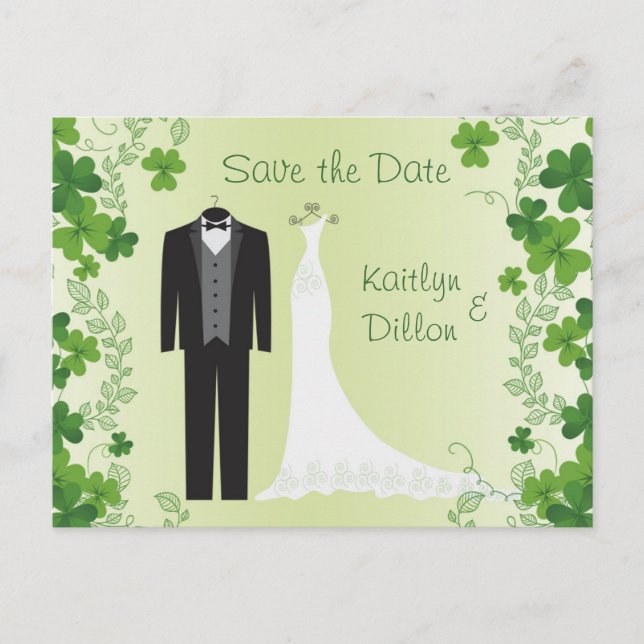Postal De Anuncios Shamrock irlandés, esmoquin, vestido boda Save the (Anverso)