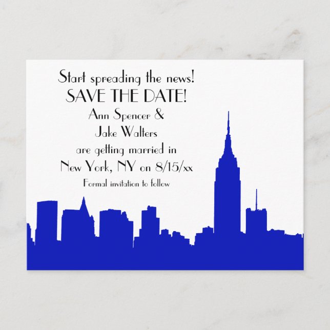Postal De Anuncios Silhouette Royal Blue Skyline de NYC Save the Date (Anverso)
