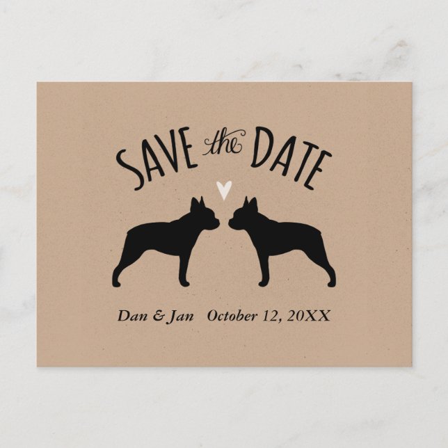 Postal De Anuncios Siluetas de Boston Terrier Boda Save the Date (Anverso)