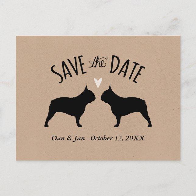 Postal De Anuncios Siluetas de Bulldog Francés Boda Save the Date (Anverso)